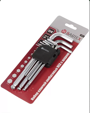 Ключи шестигранные длинные с шаром (1,5-10 мм), 9 шт. CrV с пластик. Т-обр. ручкой